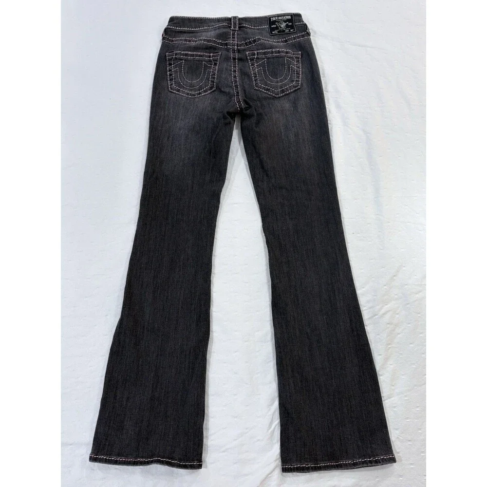 True Religion Becca Women Pink Big T Stitch Bootcut Jeans Washed Black Size 27